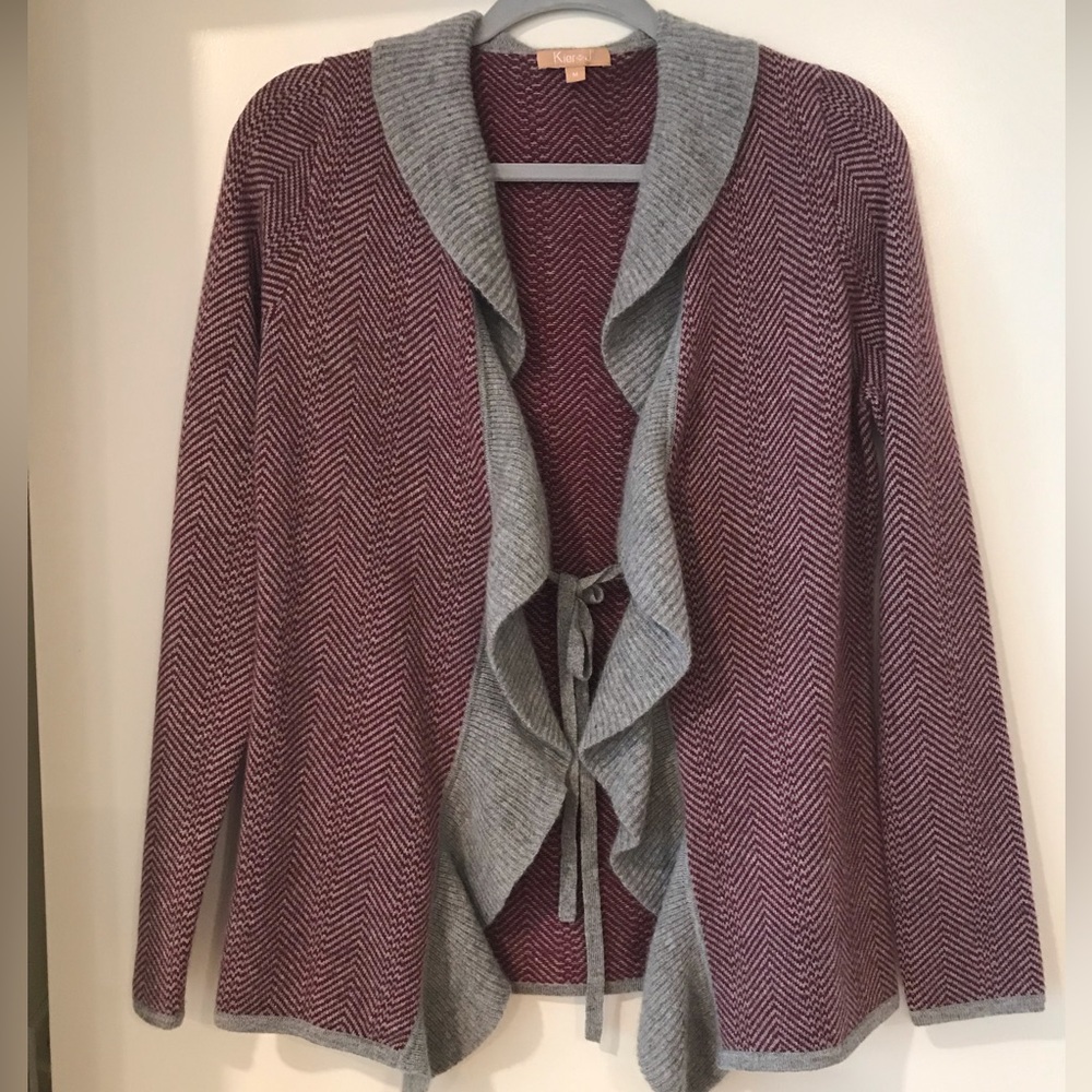 Kier + J Gray 100% Cashmere Tie Front Cardigan Lightweight Ruffle Sweater Size M